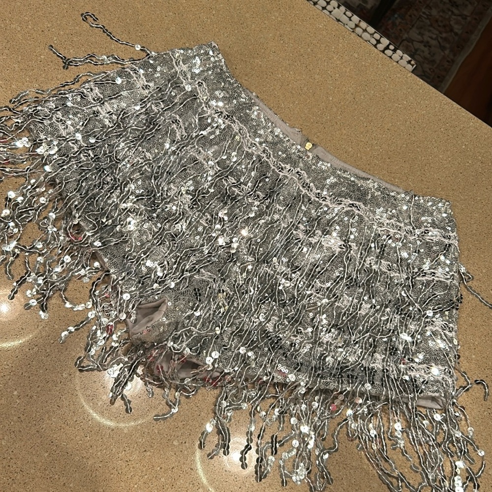Sequin fringe silver shorts